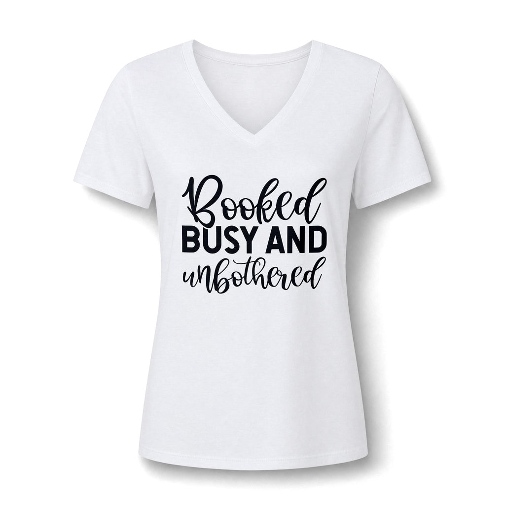 Booked, Busy and Unbothered V-Neck Tee — Funny Women's Book Lover Shirt