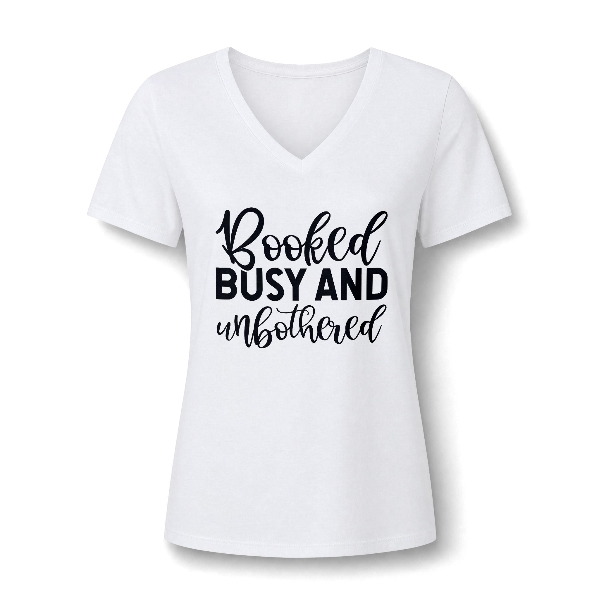 Booked, Busy and Unbothered V-Neck Tee — Funny Women's Book Lover Shirt