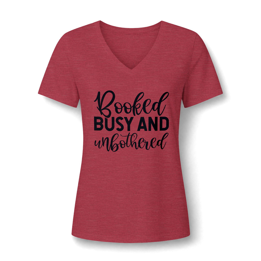 Booked, Busy and Unbothered V-Neck Tee — Funny Women's Book Lover Shirt