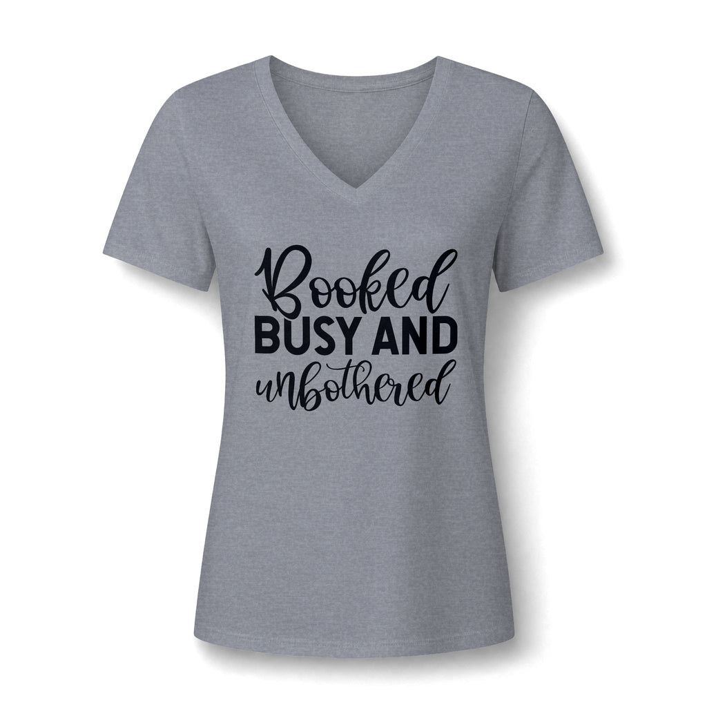 Booked, Busy and Unbothered V-Neck Tee — Funny Women's Book Lover Shirt